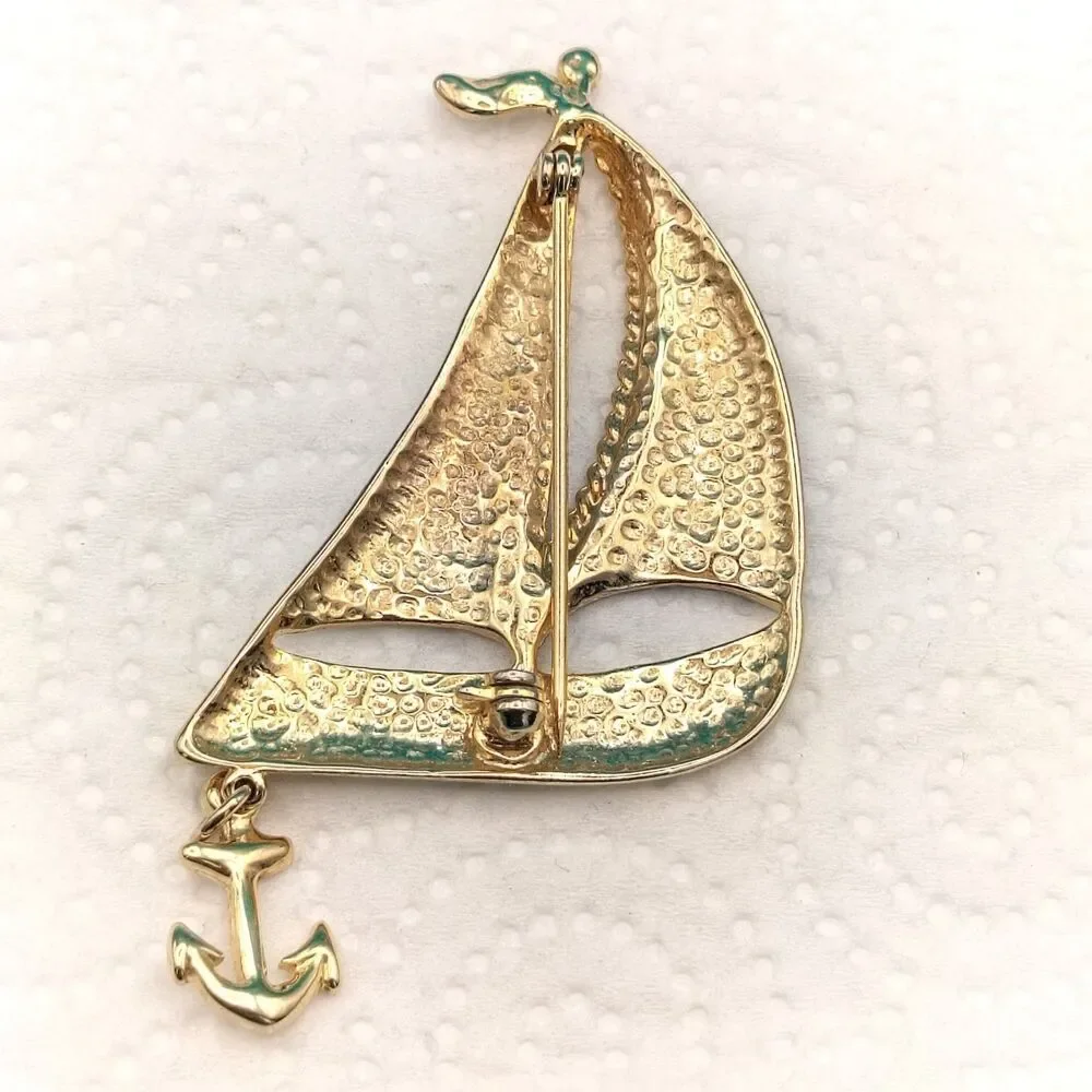 Nautical Sailboat Brooch Pin Gold Tone Enamel Star Anchor